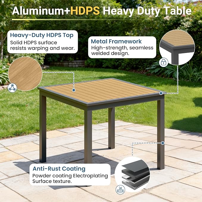 Aluminum Outdoor Table for All-Weather, 35.4" Patio Tables with Heavy Duty HDPS Square Tabletop, Outside Table with Quick-Drying Slatted Design for Patio, Garden, Deck, Porch, Poolside, Backyard