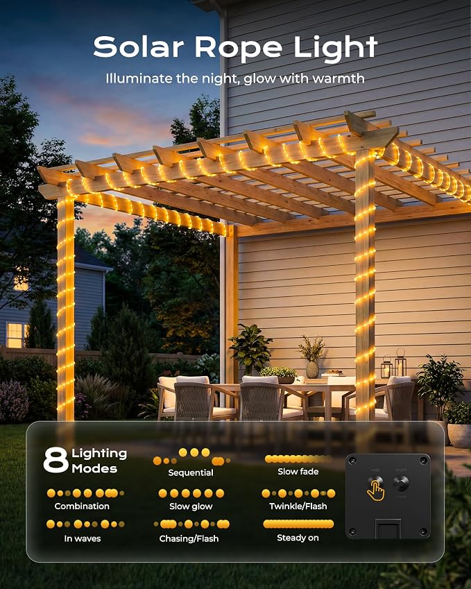 Brightown 39FT 100LED Warm White Solar Rope Lights Waterproof | IP65 waterproof solar fairy lights with 8 lighting modes, solar powered, perfect decor for yard, garden and outdoor tree