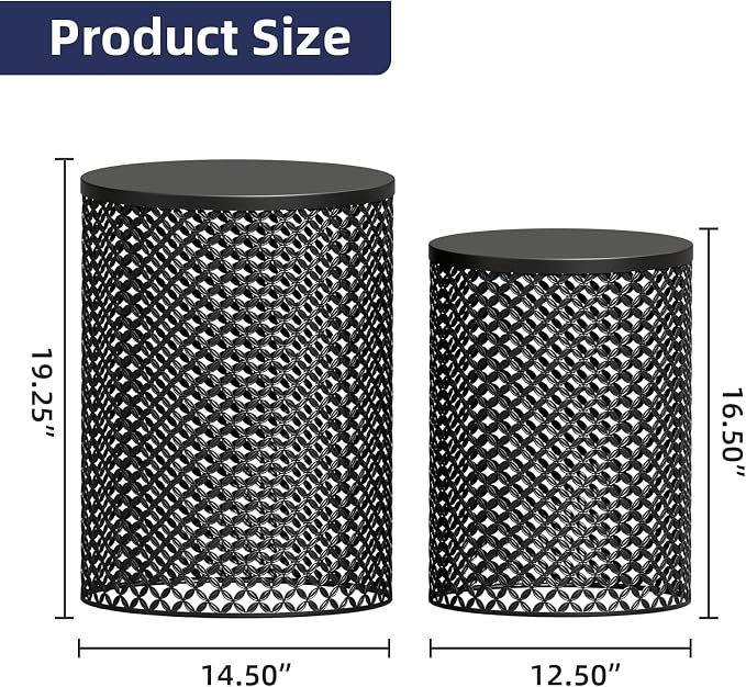 ChicFurnit Outdoor Side Table Set of 2, Cylindrical Metal Frame End Table, Decorative Garden Stool for Indoor Outdoor, Accent Garden Table Modern Nesting End Table for Patio Balconies, Cafes, Black