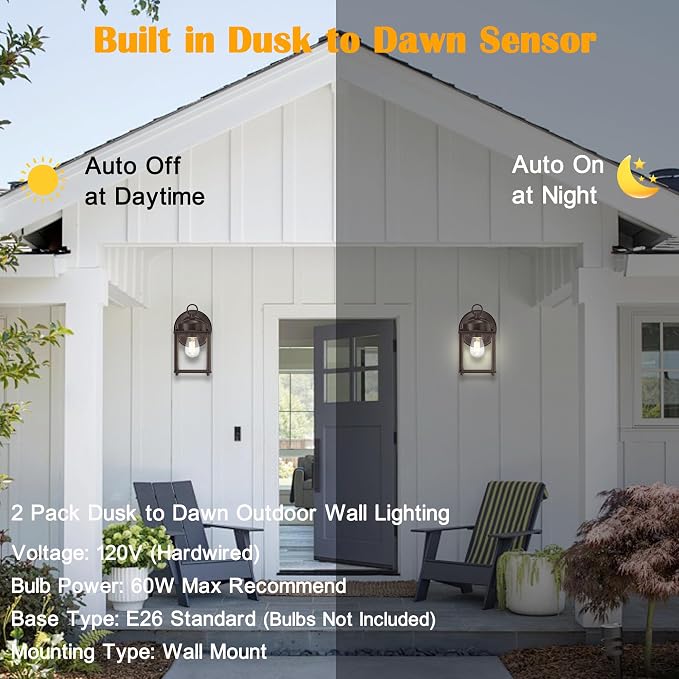Outdoor Wall Light, Porch Lamp, Dusk to Dawn, Bronze | Exterior Wall Sconce Fixture for House, Garage, Patio, Rustproof Waterproof, Metal Housing with Glass, E26 Base, 2 Pack