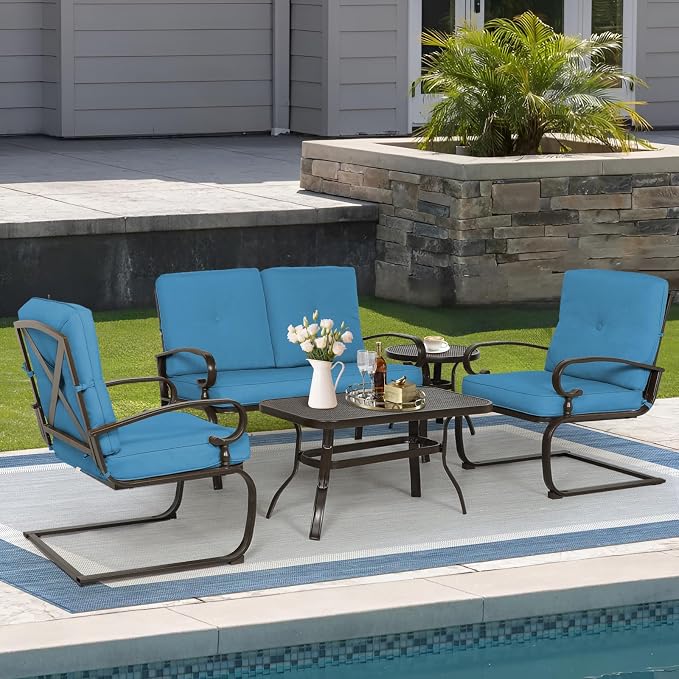 Oakcloud 5Pcs Metal Outdoor Furniture Patio Conversation Set (Loveseat, Coffee Table and Bistro Table, 2 Spring Chair) -Wrought Iron Patio Chair Set with Cushions (Blue)