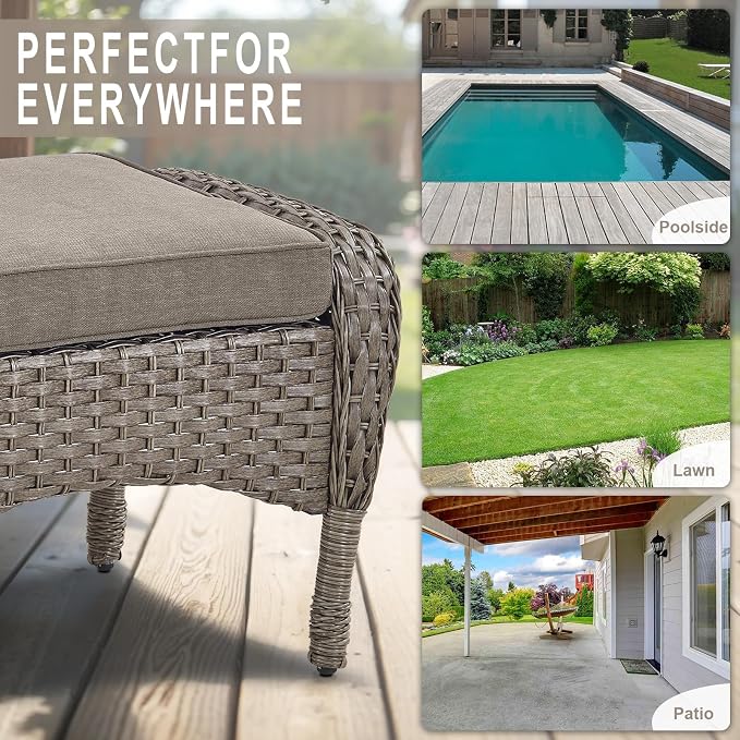Belord Outdoor Ottomans for Patio Foot Rest - 25 Inch PE Wicker Foot Stool Set of 2 with Removable Cushions for Patio Furniture Sets,All Weather Rattan Ottoman for Balcony Deck Gray/Gray
