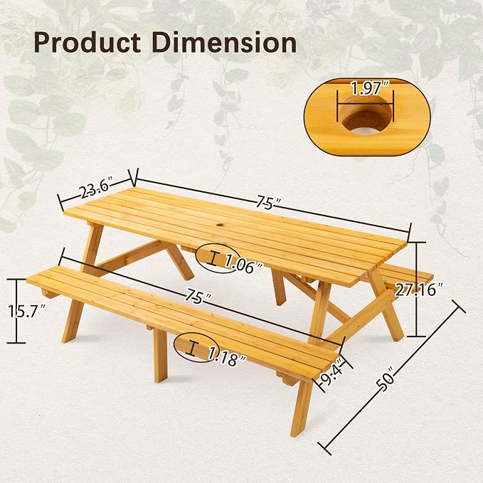 SSLine 8-Person Solid Wood Picnic Table Outdoor Rectangular Picnic Table and Bench Set with Umbrella Hole Outside Wooden Table and Chairs Set for Patio Backyard Garden Lawn (Natural Brown)