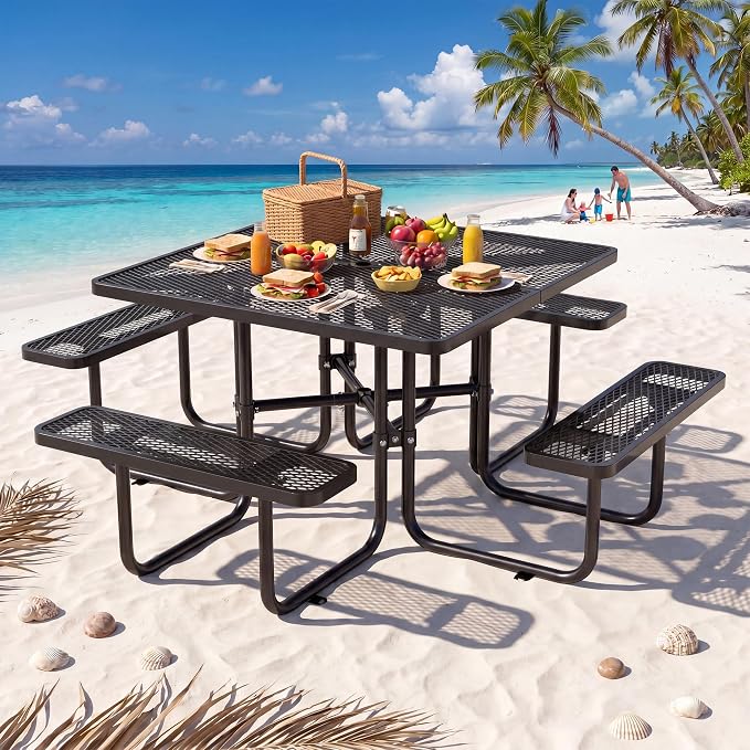 46" Square Metal Picnic Table with 1.73" Umbrella Hole, Commercial Steel Picnic Table, Heavy Duty Picnic Tables with Benches for Outdoor Garden Courtyard BBQ, Black