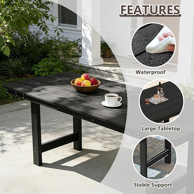 PIZZELLO Patio Dining Table for 6, 66" Rectangular HDPE Outdoor Dining Table with 1.8" Umbrella Hole, All Weather Outdoor Patio Table for Lawn Backyard Garden, Black