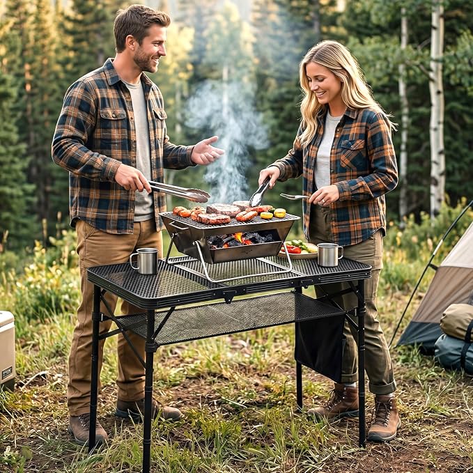 Folding Grill Table, 34"x16" Portable Camping Table with Storage Pocket, Heat Resistant & Waterproof Outdoor Picnic Table, Sturdy Lightweight for Travel Cooking BBQ, Camping, Backyard