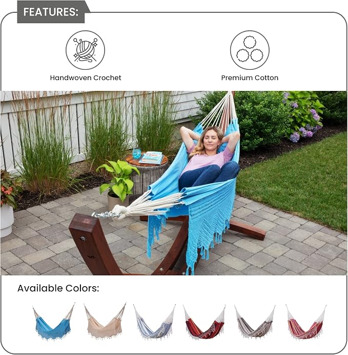 Bahia Brazilian Patio Hammock Crochet Cotton Hammock Double Hammock for Two People Outdoor Patio Swing Chair Hand Woven Mayan Hammock Use Inside Outside Backyard Decor Porch Swing - Blue