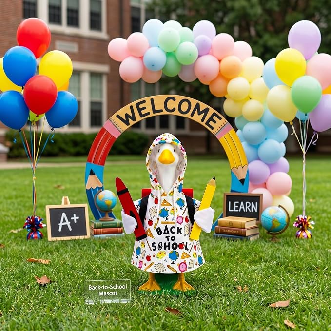 Back to School Porch Goose Outfits, Summer 23 inch Geese Statue Clothes, 4 Pcs Accessories Hoodie Backpack Pencil Crayon, School Gifts Party Garden Outdoor Yard Lawn Patio Decor