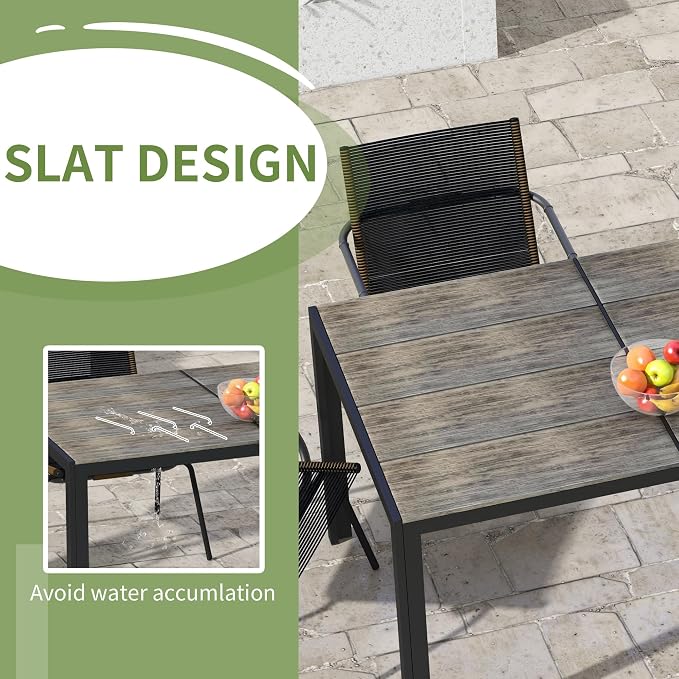 Outsunny Outdoor Dining Table for 6 People, Aluminum Rectangular Patio Table with Faux Wood Tabletop for Backyard, Lawn, Balcony, Poolside, 55" x 35.5", Gray