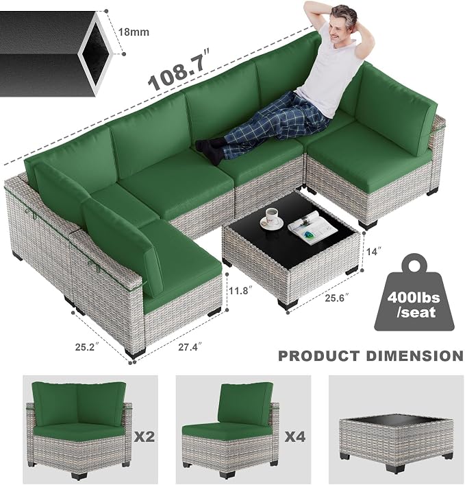 7-Piece Patio Furniture Set, Outdoor Sectional with Thick Cushions, Modular Patio Sofa, Dual-Strand Wicker Rattan, Rust-Resistant Frame, Backyard Furniture for Garden, Deck, Dark Green
