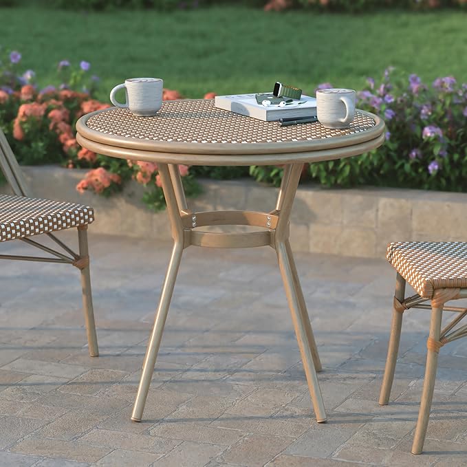EMMA + OLIVER Colmar Indoor/Outdoor Bistro Table - Natural & White Woven PE Rattan Pattern - Tempered Glass Top - Light Bamboo Finish Metal Frame - 31.5 in.