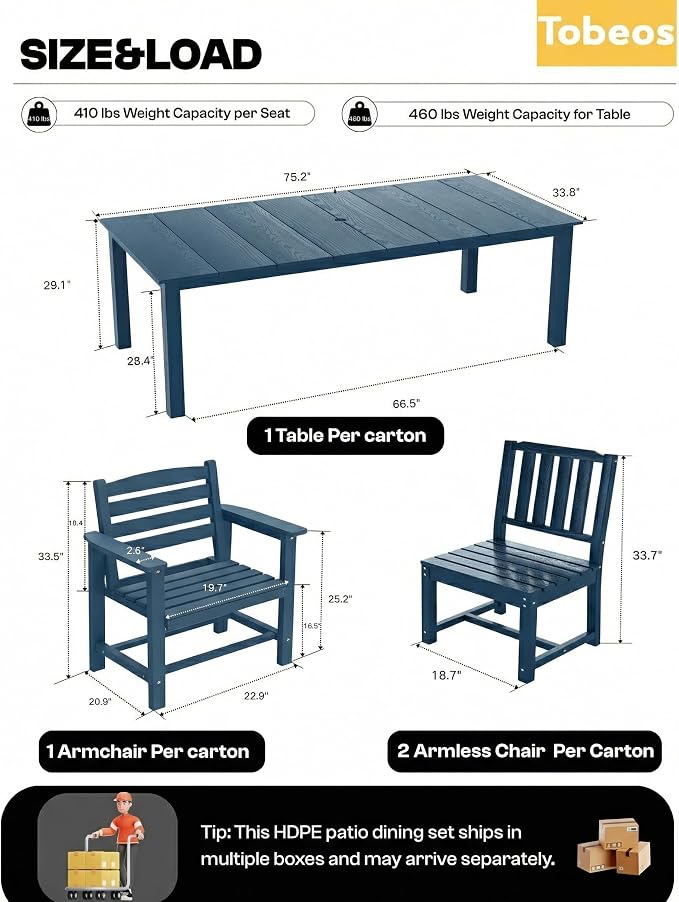 7-Piece Outdoor Dining Set with Aluminum Frame for 6,Navy Blue | HDPE material, 2" umbrella hole, patio table and chairs, ideal for yard, lawn, garden, balcony, deck, poolside