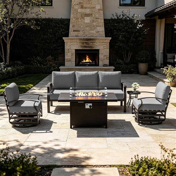 Kurapika Aluminum Patio Furniture Set 5-Seat Modern Metal Outdoor Conversation Sets w/45in Propane Fire Pit Table, Swivel Rocking Chairs Patio Sectional Sofa w/5.1 Inch Cushion, Grey