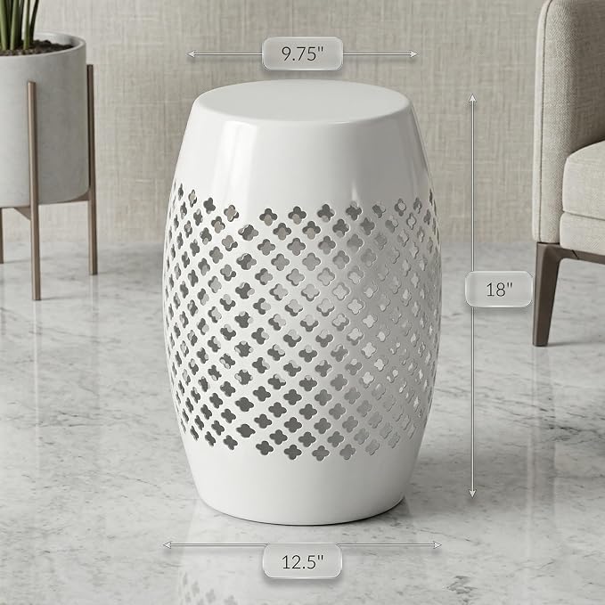12.5" Steel Outdoor Side Table, Hollow Drum Metal Patio End Table & Ambient Lantern, Decorative Geometric Accent Table for Garden, Balcony and Poolside, No Assembly, White