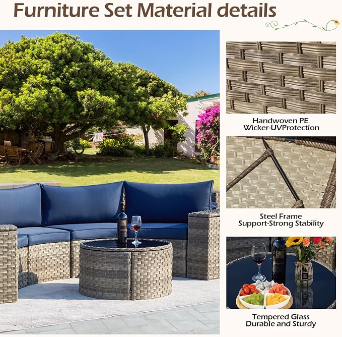 ECOTOUGE 9-Piece Half-Moon Curved Patio Furniture Set with Fire Pit Table, Wicker Rattan Sectional Sofa with Thick Cushions, Outdoor Conversation Set for Backyard Garden with Tank Cover(Blue, White)