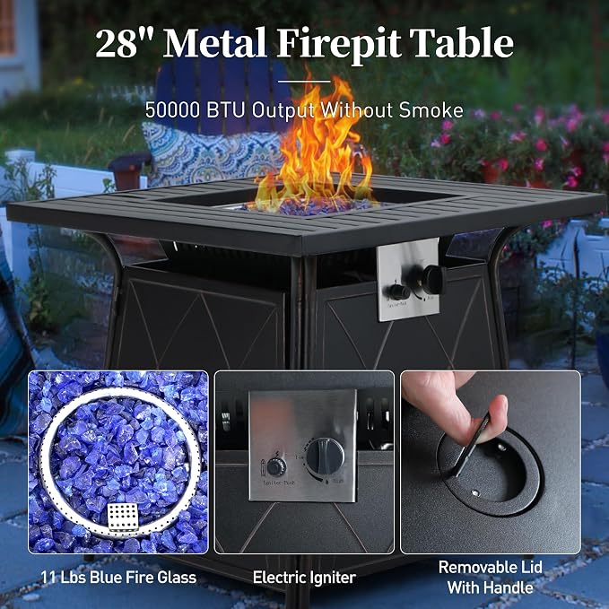SUNSHINE VALLEY 5 Piece Metal Outdoor Patio Furniture Set with Fire Pit Table, Patio Conversation Sets 4 Rocking Chairs with 5.75" Thick Cushion and 5000 BTU Fire Pit Table, Backyard Furniture, Gray