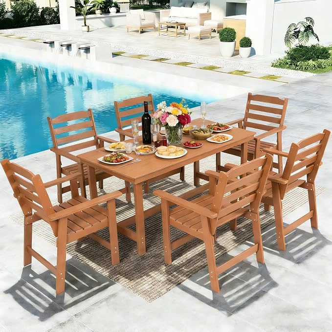 FUNBERRY Outdoor Dining Set, HDPE 7 Piece Dining Table Set with Chairs | 2" Umbrella Hole Table, Wood-Grain, HDPE All Weather, No Rot or Rust or Crack, UV Fade Shield, Easy-Clean for Outside