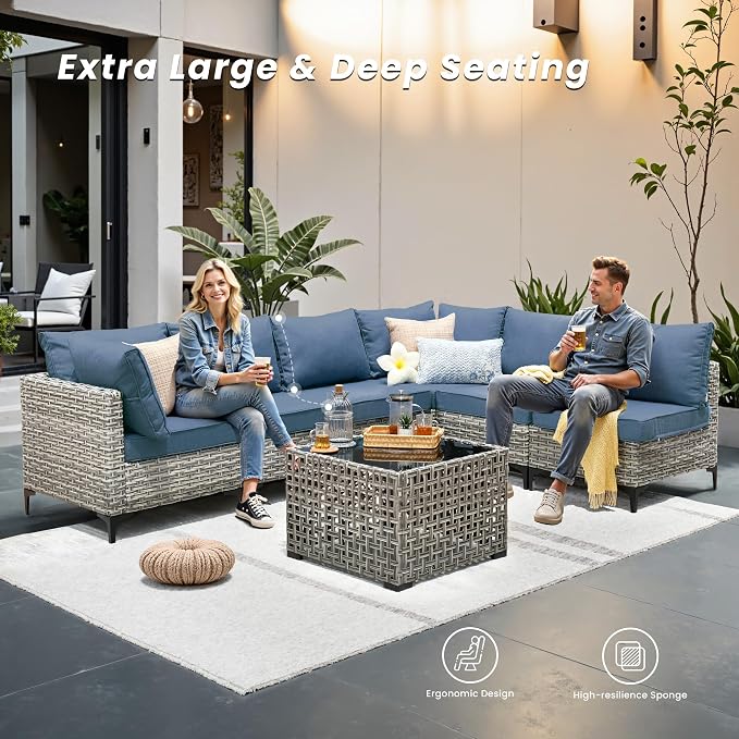 Outdoor Patio Furniture Sets,9 PCS Patio Conversation Set Outside Rattan Sectional Sofa with 42 in Fire Pit Table Wicker Rocking Chair Coffee Table Fit Backyard Porch Garden Poolside Balcony