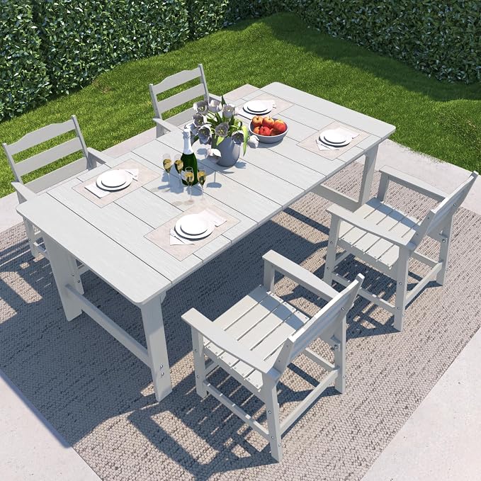 THOEOE 5 Piece Outdoor Dining Set, Patio Dining Table and 4 Chairs, All-Aluminum Frame, All-Weather HDPE Outdoor Furniture with Umbrella Hole for Garden, Lawn, Poolside, White
