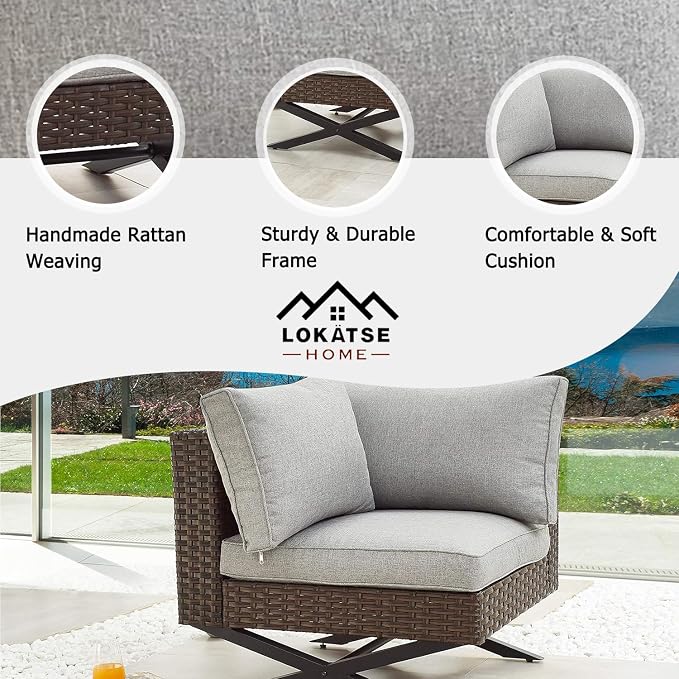 LOKATSE HOME Rattan Corner Sofa X Shape Leg Outdoor Furniture Patio Left-arm Chair with Cushions for Garden, Pool, Backyard, Brown