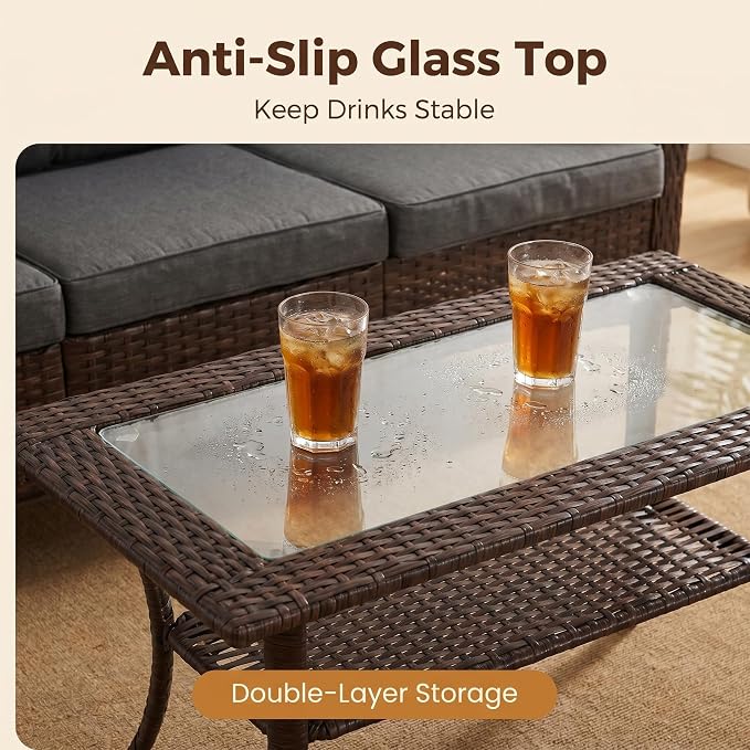 YLGJ&TIDY Outdoor Furniture 2PCS Set All-Weather Brown Wicker Patio Conversation Set 3 Seater Rattan Sofa Glass Coffee Table for Garden Backyard Porch Balcony w/Thick Cushions (Gray,2PCS Sofa/Table)
