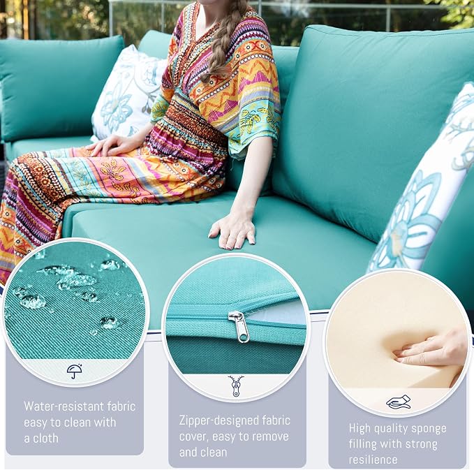 BULEXYARD 13 Piece High Back Outdoor Furniture Sets with Fire Pit, Luxury Patio Sectional Couch Sofa 12-Seater Modular, Comfortable Extra Large Wide Deep Backyard Seating Conversation Set, Grey & Teal