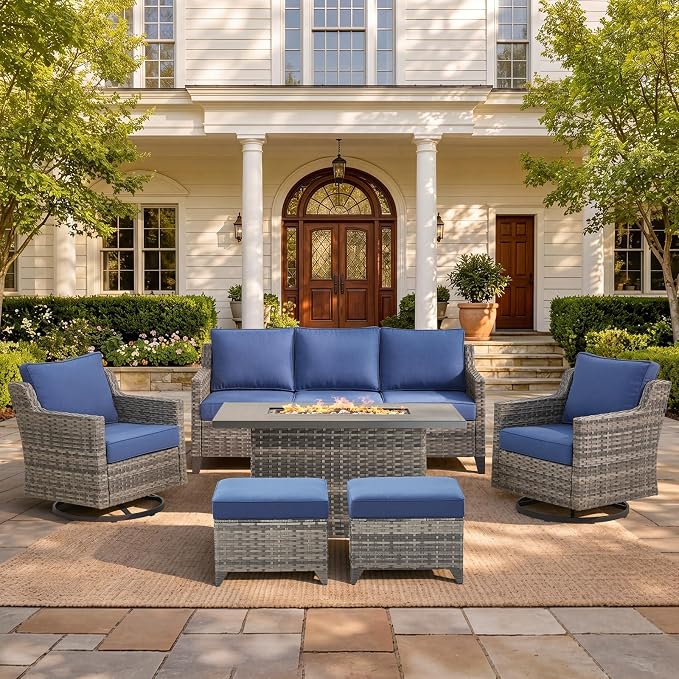 Belord Patio Wicker Swivel Rocker Patio Chairs with 3-Seater Sofa and 42.5" Fire Pit Table, Outdoor Furniture Set for Deck Porch Garden, 5 Piece Patio Conversation Furniture Set,Blue