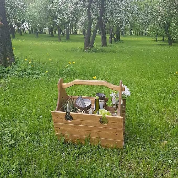 Picnic Table Wooden Folding Table 2-in-1 Basket Table with Wine Glass Holder Outdoor Storage Table Portable for Camping Beach Wine Lover Gift 11.8 * 9.1 * 5.9inch.