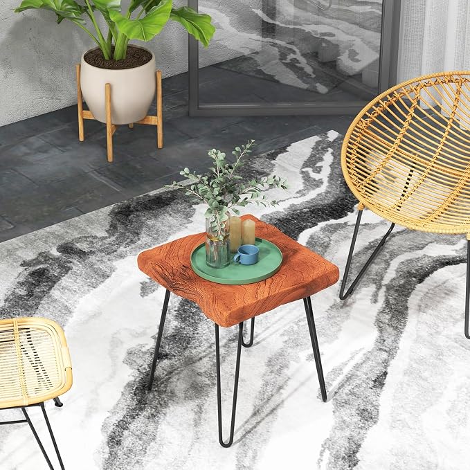 Giantex Teak Wood End Table, Solid Live Edge Outdoor Side Table w/Natural Grain & Heavy-Duty Metal Legs, Rustic Plant Stand for Living Room Patio Balcony, 16" x 16" x 18" (1, Square)