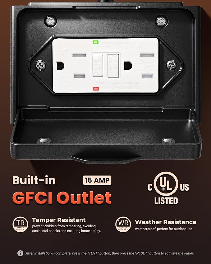 Gleamz Adjustable Time & Distance Outdoor Light with GFCI Outlet, 2 Pack Motion Sensor Outdoor Light Fixture, Black Dusk to Dawn Outdoor Lights for House, Patio, Garage, Waterproof, Aluminum