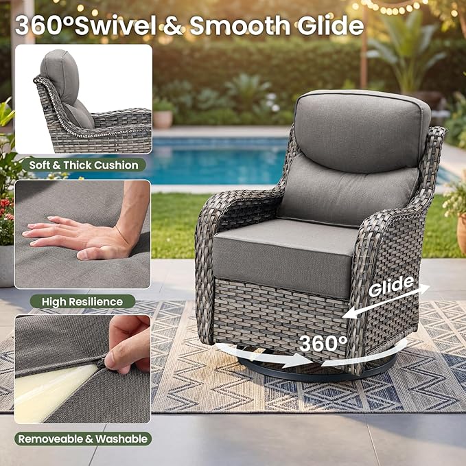 Luxury Patio Furniture Set with 6-inch Thick Cushion, Outdoor Furniture with Fire Pit Table, Swivel Chairs, Side Table, Sofa, 5pcs Wicker Conversation Set for Deck Yard Grey Wicker | Grey Cushions