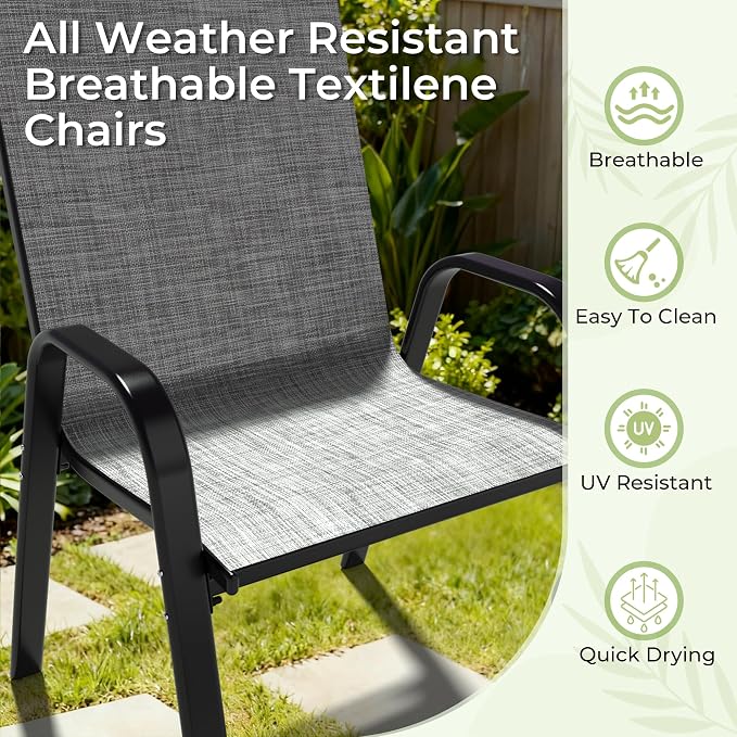 7-Piece Outdoor Dining Set, All Weather Patio Table and Chairs Set with Umbrella Hole for 6, Rectangular Steel Slat Table and 6 Textilene Chairs for Garden, Backyard, Poolside and Deck, Grey