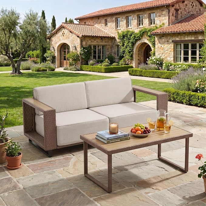 Bonzy Home 2 Piece Patio Furniture Set, Loveseat Sofa with and Rattan Side Table and Extra-Thick Soft Cushions, Wicker Rattan Loveseat Couch Outdoor Patio Furniture with for Porch, Balcony