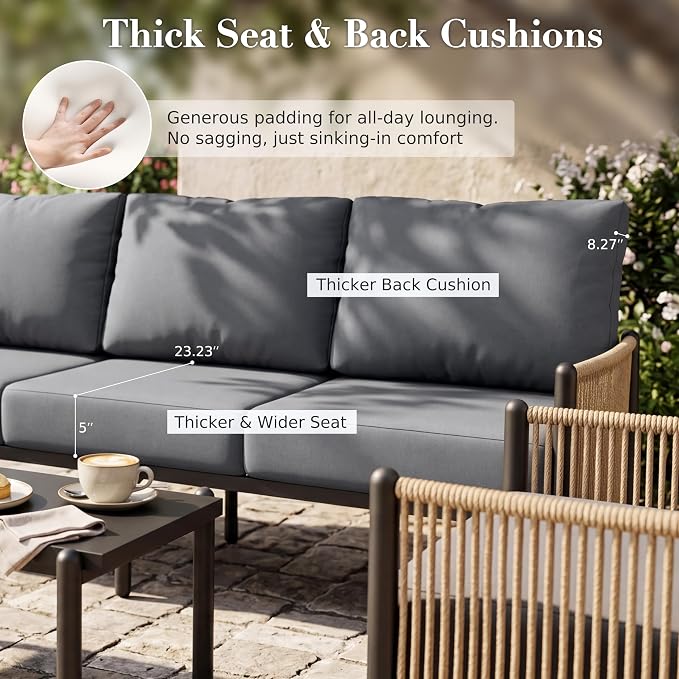 Aluminum Patio Furniture Set, 5 Seats Outdoor Patio Furniture with Coffee Table, Outdoor Wicker Conversation Sets with Cushion for Backyard, Balcony,Porch,Dark Grey