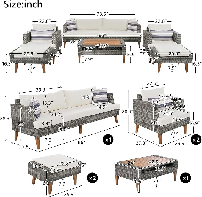 6 piece Outdoor PE Wicker Sofa Set, Outdoor Sectional Conversation Sofa with Double Cushions, Solid Wood Legs & Table Top, Patio Furniture Set for Backyard, Balcony, Gray+Beige