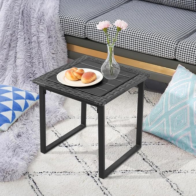 Wicker Outdoor Side Table for Patio Set of 2, 2 PCS Square Rattan Outdoor End Tables for Outside Porch Lawn Garden Balcony Pool Bistro, Black