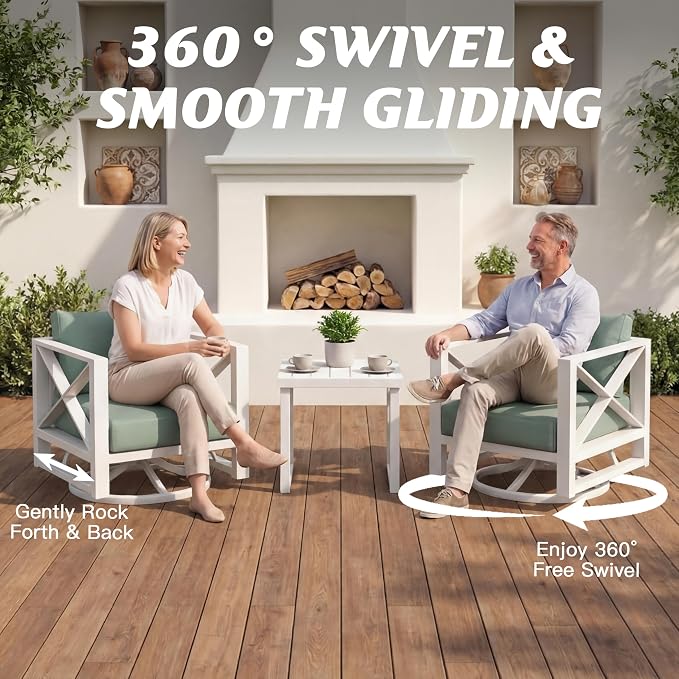 Aluminum Outdoor Patio Furniture Set with Swivel Chairs, 5-Piece Outdoor Sectional with 5.2" Thick Cushions, Patio Conversation Sets with Plus Fire Pit for Backyard,(White,4 Seats)
