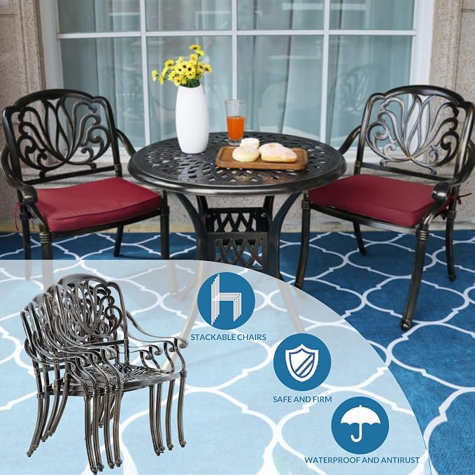 MEETWARM 3 Piece Patio Bistro Set, Outdoor All-Weather Cast Aluminum Dining Furniture Set Includes 2 Cushioned Chairs and a 31” Round Table with Umbrella Hole for Garden Deck, Chili Red