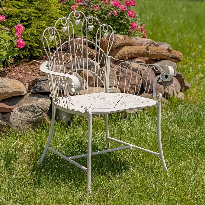 Zaer Ltd. Vintage Style Metal Patio Furniture with Heart Design Accents, Outdoor/Indoor Decor (Distressed White, Arm Chair)