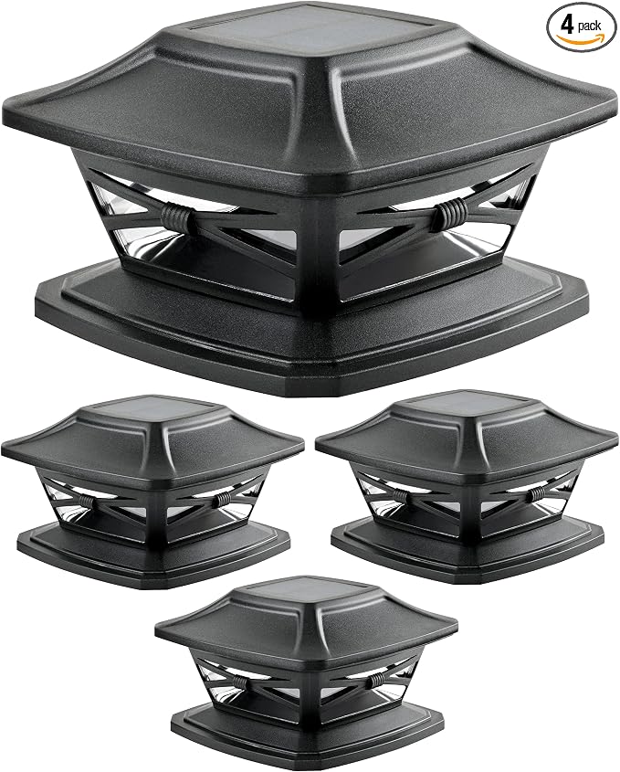 Davinci Flexfit Solar Outdoor Post Cap Lights, 4x4 5x5 6x6, Bright LED, 4PK | Slate Black, Wooden Posts, fence/deck/garden/patio, UV fade-protected plastic, auto-on, 7-8h, cordless, IP44, 25lm warm white