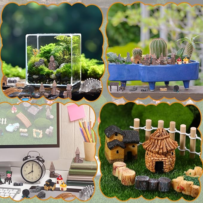 32 Pcs Fairy Garden Accessories Miniature Landscape Ornaments Set | Resin Miniature Garden Decor Set with Woodland Animals Houses, 32 Pcs DIY Terrarium Succulent Plant Ornaments