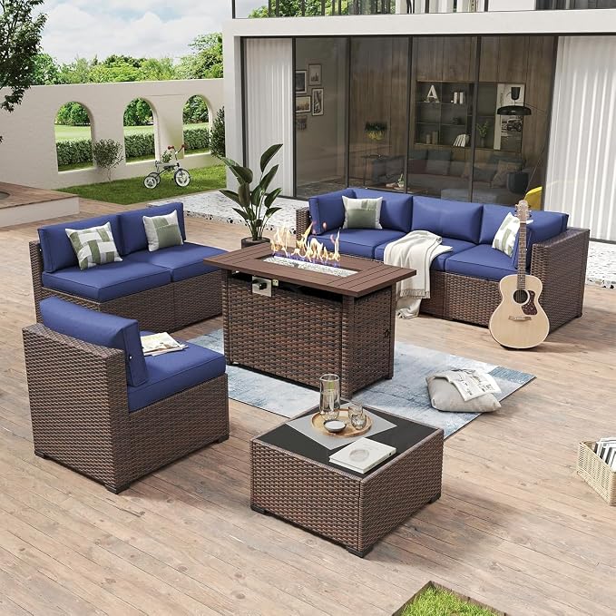 Aoxun 8-Piece Outdoor Patio Furniture Set - 44” Fire Pit Table, Durable Wicker Rattan Sectional Sofa with Coffee Table, Comfy Thickened Cushions, Blue