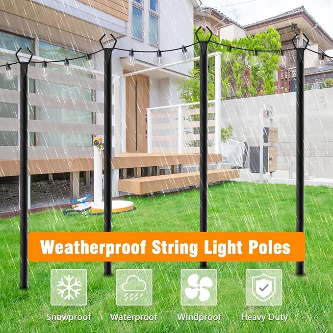 LETIANPAI 4 Pack String Light Poles,10 Ft Light Poles for Outside String Lights,Outdoor Lights Pole with Fork,Metal Poles Stand for Patio Deck Backyard
