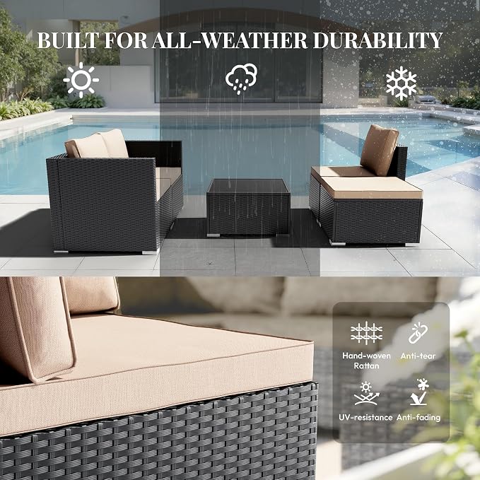 WWR Patio Furniture Set 5 Piece - Wide Armrests - All-Weather Wicker Rattan Outdoor Patio Conversation Couch Sets, Modular Sectional Sofa for Garden, Patio, Poolside, Backyard, Balcony, Porch,Khaki