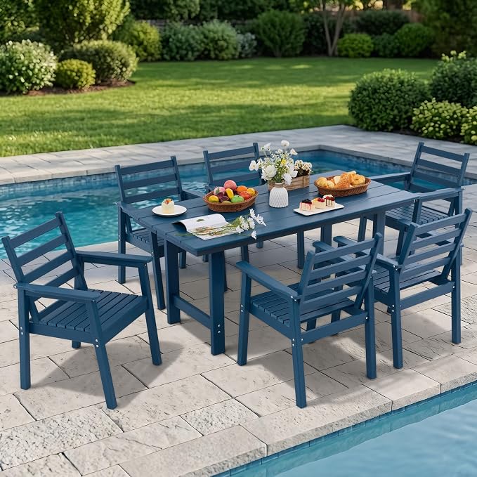 7-Piece Outdoor Dining Set, All-Weather HDPE Patio Furniture, 66.5" Slatted Table with 1.6" Umbrella Hole & 6 Ergonomic Armchairs, Heavy Duty 350lbs Capacity, UV Resistant, Blue