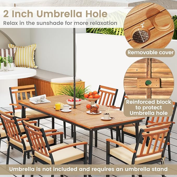 RELAX4LIFE Wooden Outdoor Dining Table for 8, 79’’ Acacia Wood Patio Table w/2’’ Umbrella Hole, Slatted Tabletop & Metal Legs, Indoor Outdoor Rectangular Picnic Table, 8-Person Patio Dining Table