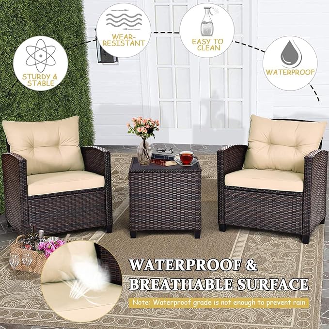 DORTALA Wicker Patio Furniture Set 3 Piece, Outdoor Table and Chairs with Tempered Glass Tabletop, Cushions, Small Rattan Conversation Sofa Set for Balcony, Porch, Backyard, Deck, Beige