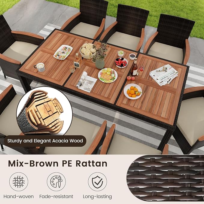 KOTEK 9 Piece Outdoor Dining Set, Wicker Patio Dining Set for 8 with Acacia Wood Table & Chairs, 1.96'' Umbrella Hole, Patio Table and Chairs Set for Backyard, Deck, Garden (Mix Brown)