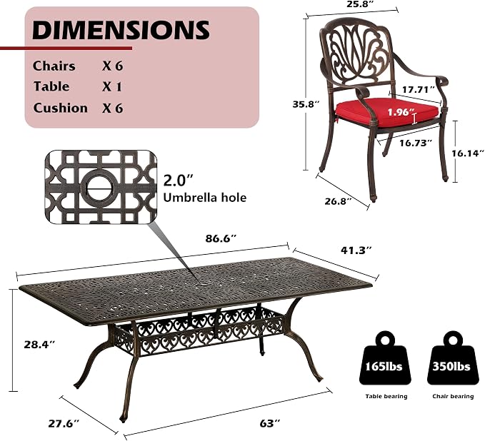 MAGIC UNION 9 Pieces Outdoor Dining Set, Cast Aluminum Retro Patio Dining Set Includes 87" Rectangular Dining Table with Umbrella Hole and 8 Stackable Dining Chairs with Cushions (Red)