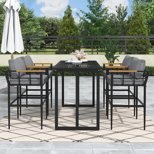 5-Piece Patio Dining Set, Steel Outdoor Dining Table and 4 Cushioned Chairs with Acacia Wood Armrest, Modern Conversation Furniture for Courtyard,Garden, Balcony (Black+Steel, 5-Piece)